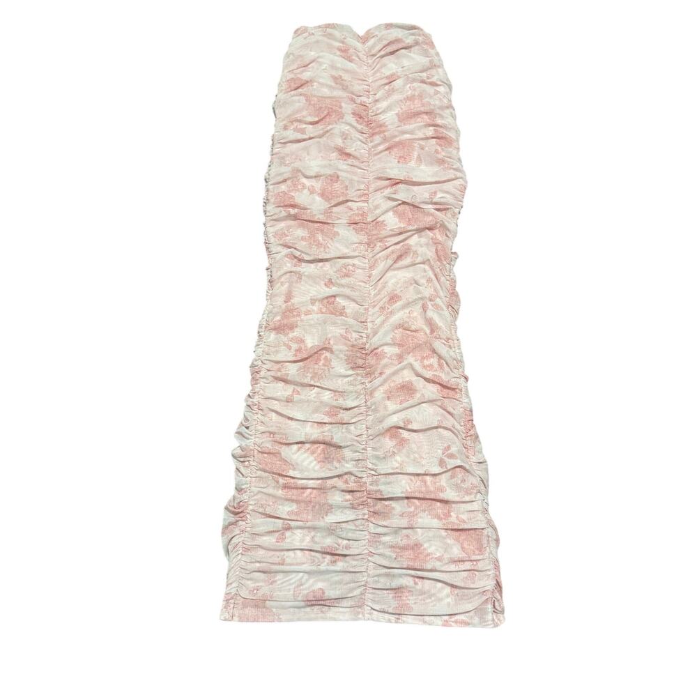 White Fox Womens Pink Floral Ruched Mesh Strapless Bodycon Midi Dress XS
